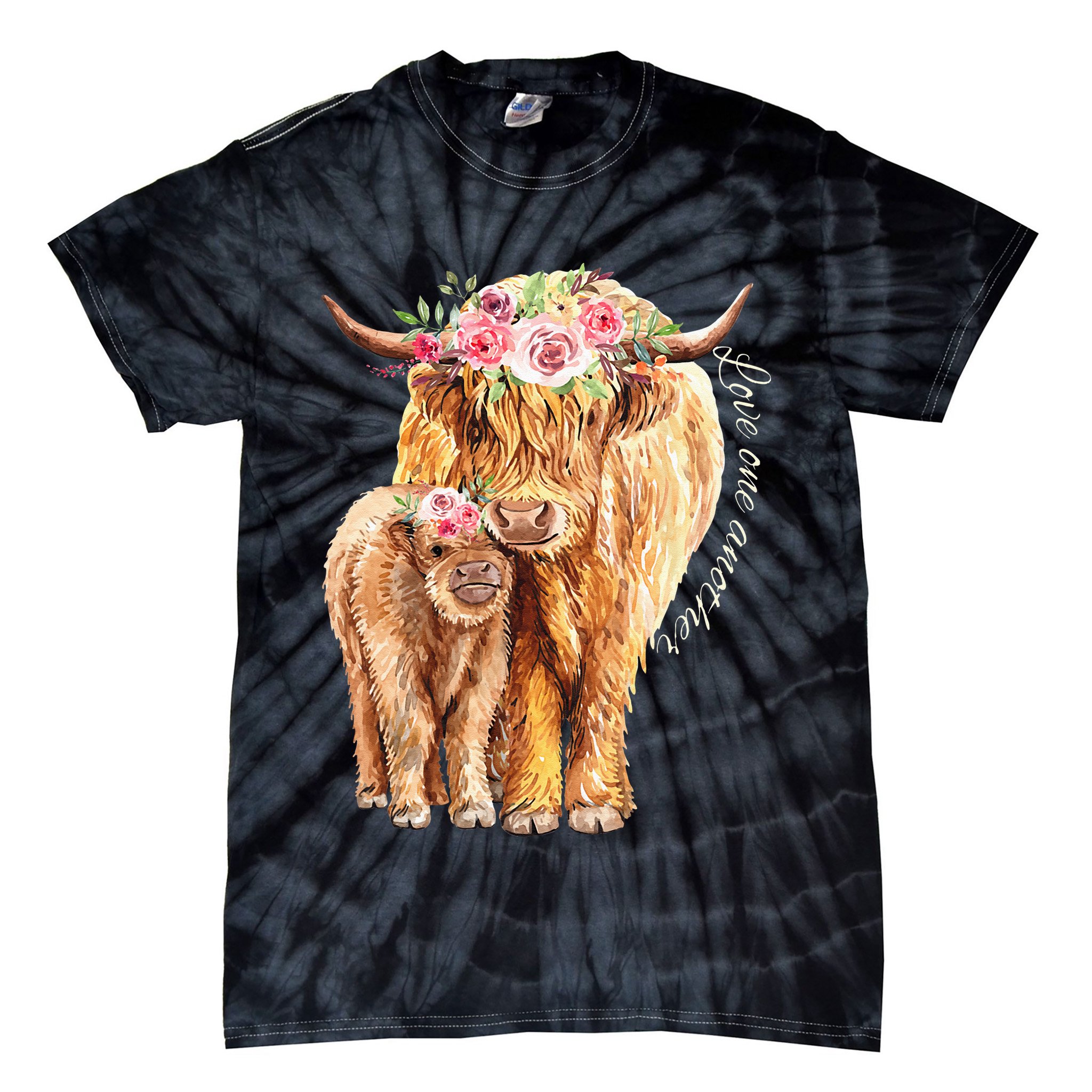 Highland Cattle Lover Cow Calf Farm Love One Another Cute Tie-Dye T-Shirt