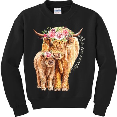 Highland Cattle Lover Cow Calf Farm Love One Another Cute Kids Sweatshirt