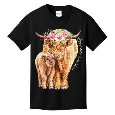 Highland Cattle Lover Cow Calf Farm Love One Another Cute Kids T-Shirt