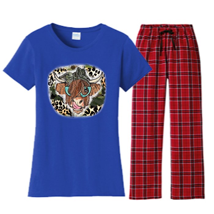 Highland Cow Leopard Bandana Glasses Western Country Gift Women's Flannel Pajama Set