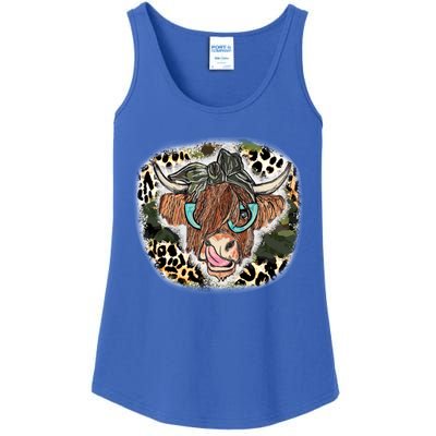 Highland Cow Leopard Bandana Glasses Western Country Gift Ladies Essential Tank