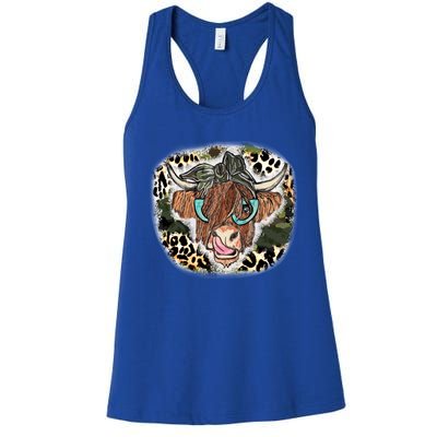 Highland Cow Leopard Bandana Glasses Western Country Gift Women's Racerback Tank