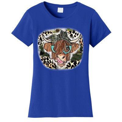 Highland Cow Leopard Bandana Glasses Western Country Gift Women's T-Shirt