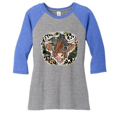 Highland Cow Leopard Bandana Glasses Western Country Gift Women's Tri-Blend 3/4-Sleeve Raglan Shirt