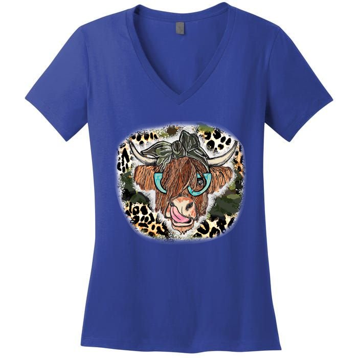 Highland Cow Leopard Bandana Glasses Western Country Gift Women's V-Neck T-Shirt