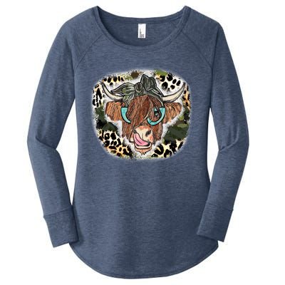 Highland Cow Leopard Bandana Glasses Western Country Gift Women's Perfect Tri Tunic Long Sleeve Shirt