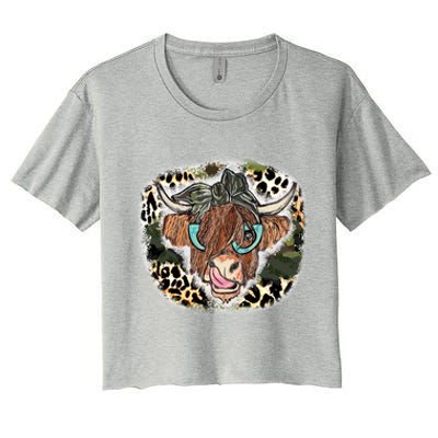 Highland Cow Leopard Bandana Glasses Western Country Gift Women's Crop Top Tee