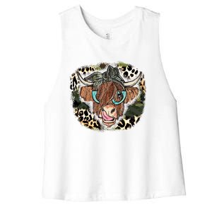 Highland Cow Leopard Bandana Glasses Western Country Gift Women's Racerback Cropped Tank