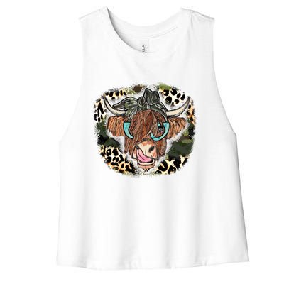 Highland Cow Leopard Bandana Glasses Western Country Gift Women's Racerback Cropped Tank