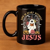 Halloween Christian Life Is Scary Without Jesus Lover Groovy Cute Gift 11oz C Handle Ceramic Mug