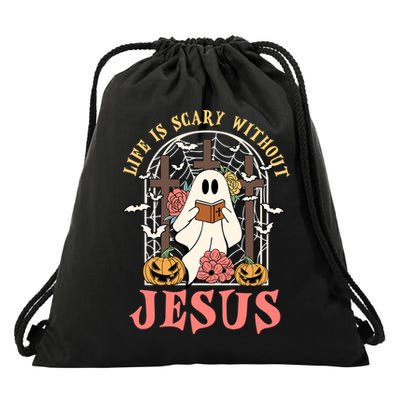 Halloween Christian Life Is Scary Without Jesus Lover Groovy Cute Gift Drawstring Bag