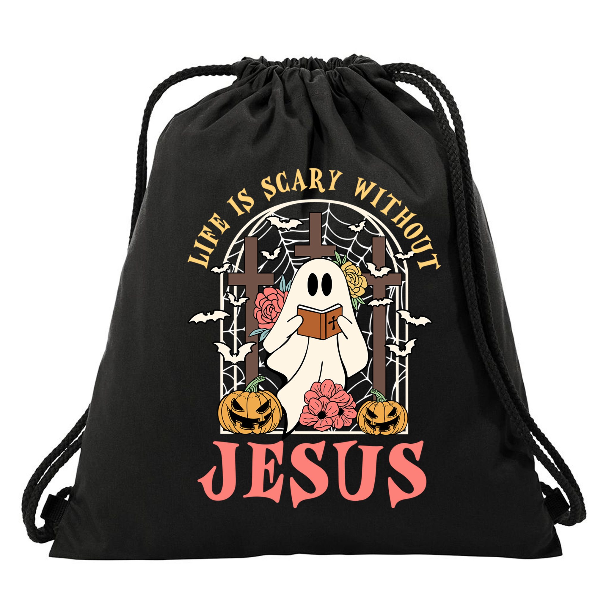 Halloween Christian Life Is Scary Without Jesus Lover Groovy Cute Gift Drawstring Bag