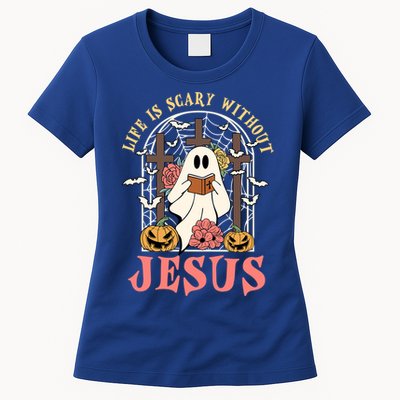 Halloween Christian Life Is Scary Without Jesus Lover Groovy Cute Gift Womens T-Shirt