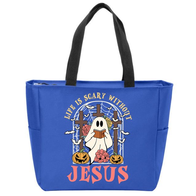 Halloween Christian Life Is Scary Without Jesus Lover Groovy Cute Gift Zip Tote Bag