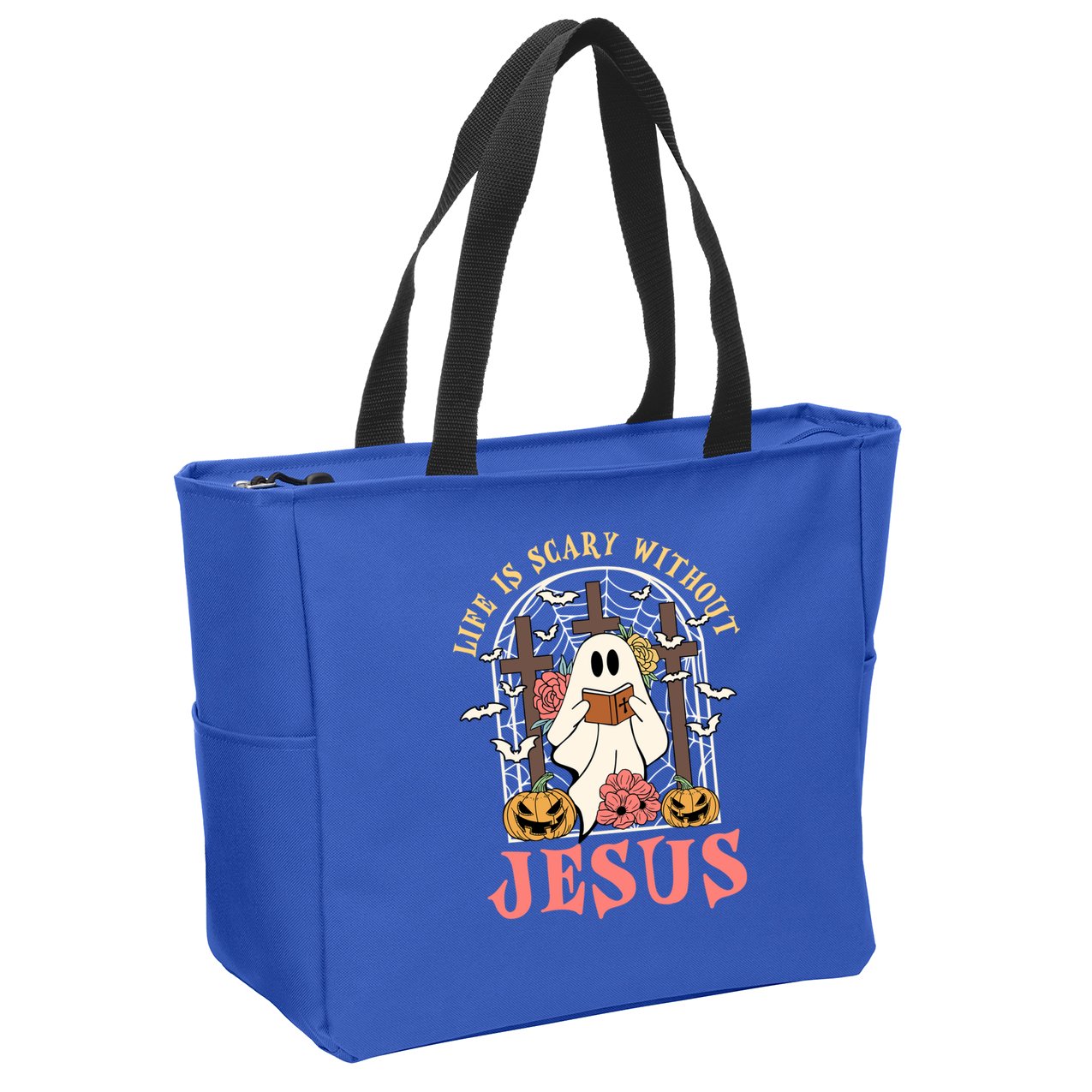 Halloween Christian Life Is Scary Without Jesus Lover Groovy Cute Gift Zip Tote Bag