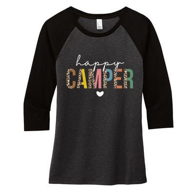 Happy Camper Leopard Camping Lover Women's Tri-Blend 3/4-Sleeve Raglan Shirt