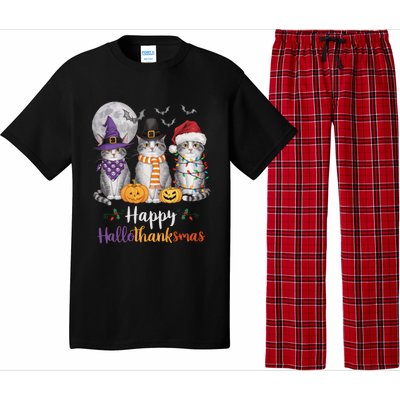 Hallothanksmas Cat Lover Gift Halloween Thanksgiving Christmas Pajama Set