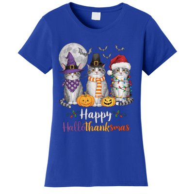 Hallothanksmas Cat Lover Gift Halloween Thanksgiving Christmas Women's T-Shirt