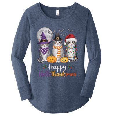 Hallothanksmas Cat Lover Gift Halloween Thanksgiving Christmas Women's Perfect Tri Tunic Long Sleeve Shirt