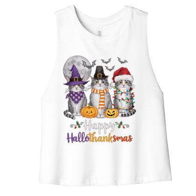 Hallothanksmas Cat Lover Gift Halloween Thanksgiving Christmas Women's Racerback Cropped Tank