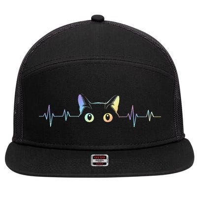 Heartbeat Cat Lover Animal Silhouette Cute Cat 7 Panel Mesh Trucker Snapback Hat