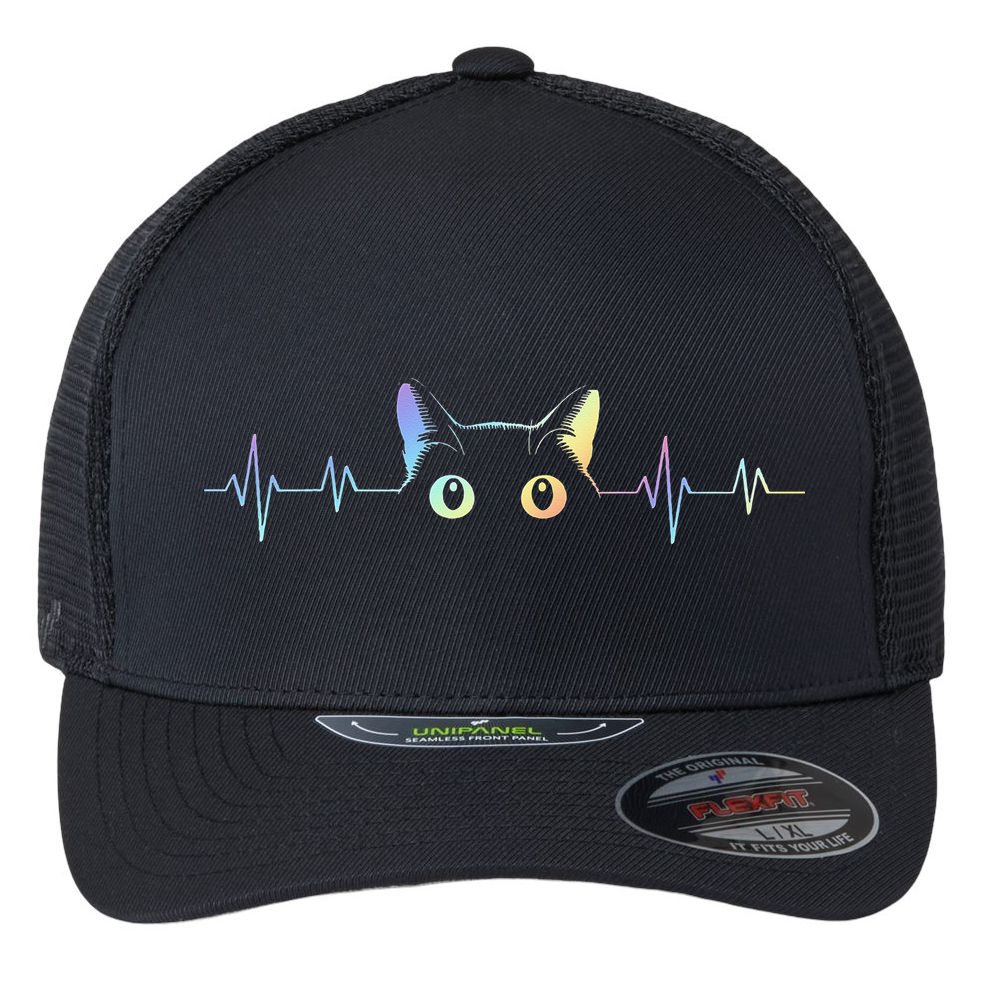 Heartbeat Cat Lover Animal Silhouette Cute Cat Flexfit Unipanel Trucker Cap