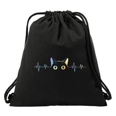 Heartbeat Cat Lover Animal Silhouette Cute Cat Drawstring Bag