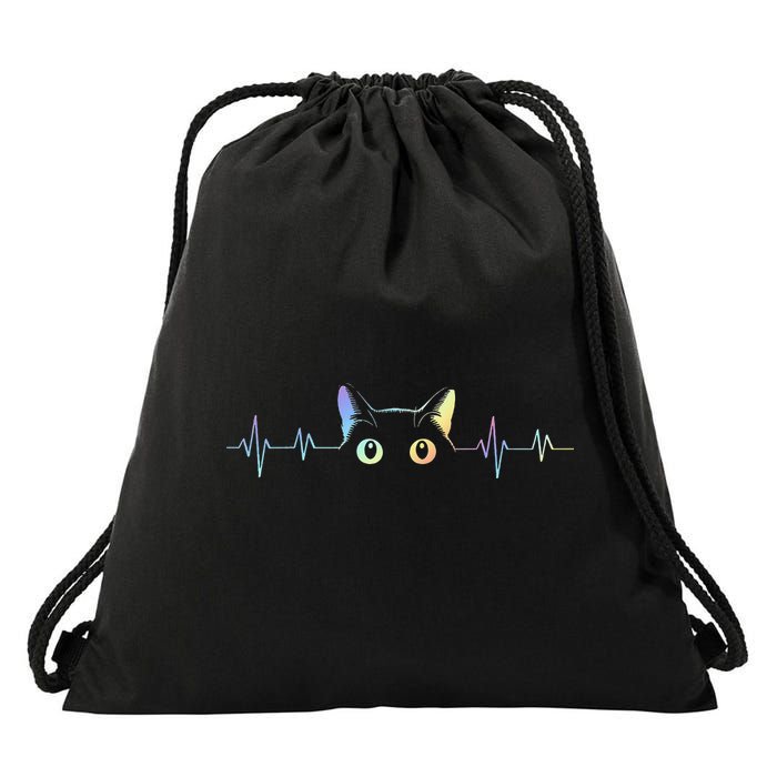 Heartbeat Cat Lover Animal Silhouette Cute Cat Drawstring Bag