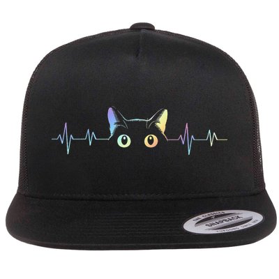 Heartbeat Cat Lover Animal Silhouette Cute Cat Flat Bill Trucker Hat