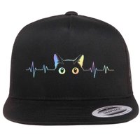 Heartbeat Cat Lover Animal Silhouette Cute Cat Flat Bill Trucker Hat