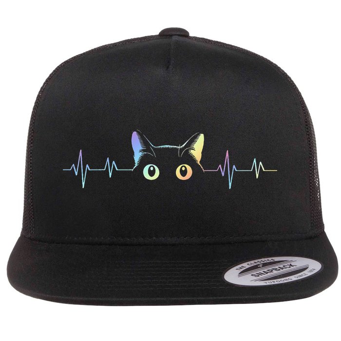 Heartbeat Cat Lover Animal Silhouette Cute Cat Flat Bill Trucker Hat