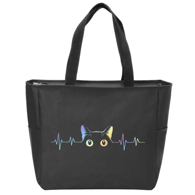 Heartbeat Cat Lover Animal Silhouette Cute Cat Zip Tote Bag