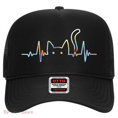 Heartbeat Cat Lover Animal Silhouette Cute Cat High Crown Mesh Back Trucker Hat
