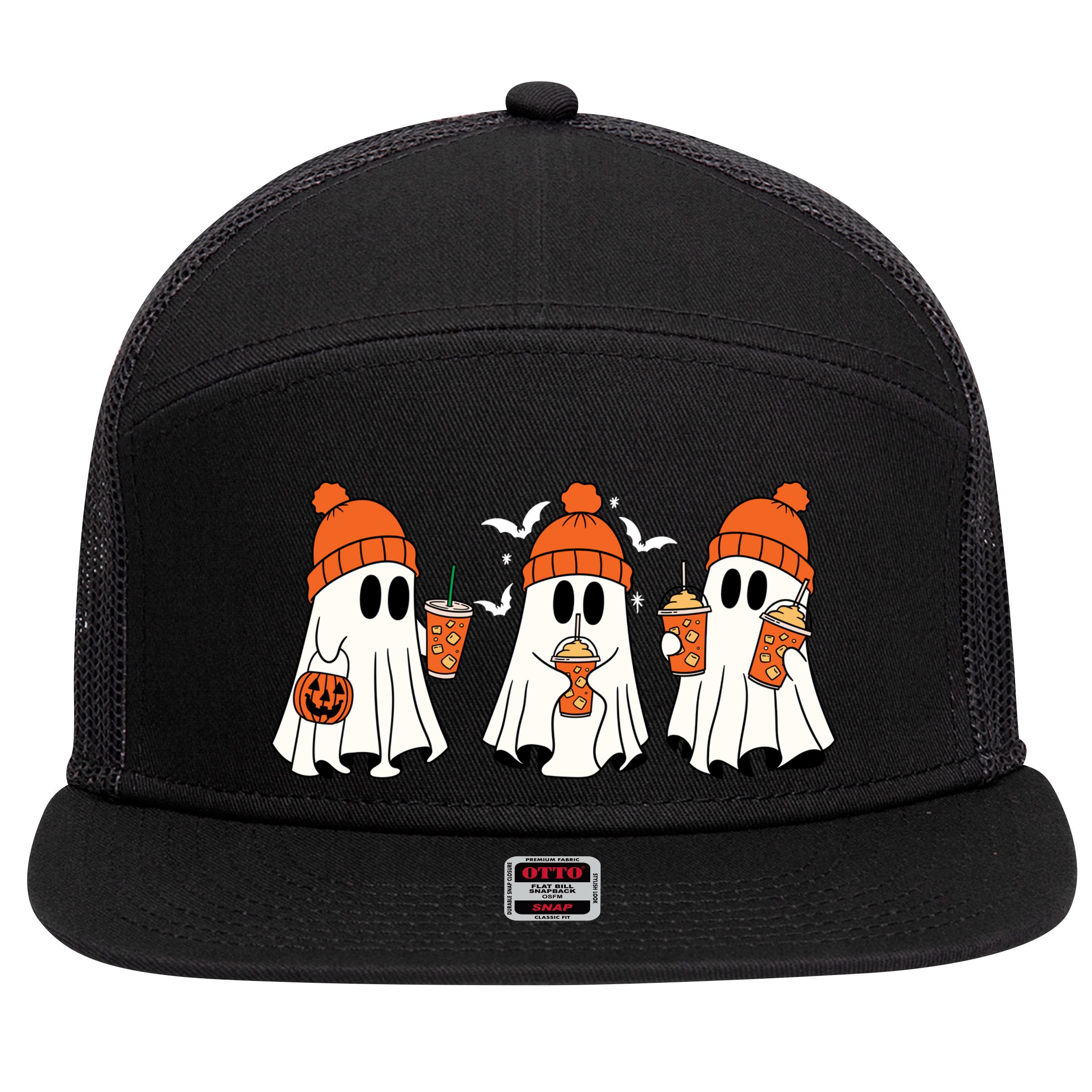 Halloween Coffee Lover Ghost 7 Panel Mesh Trucker Snapback Hat