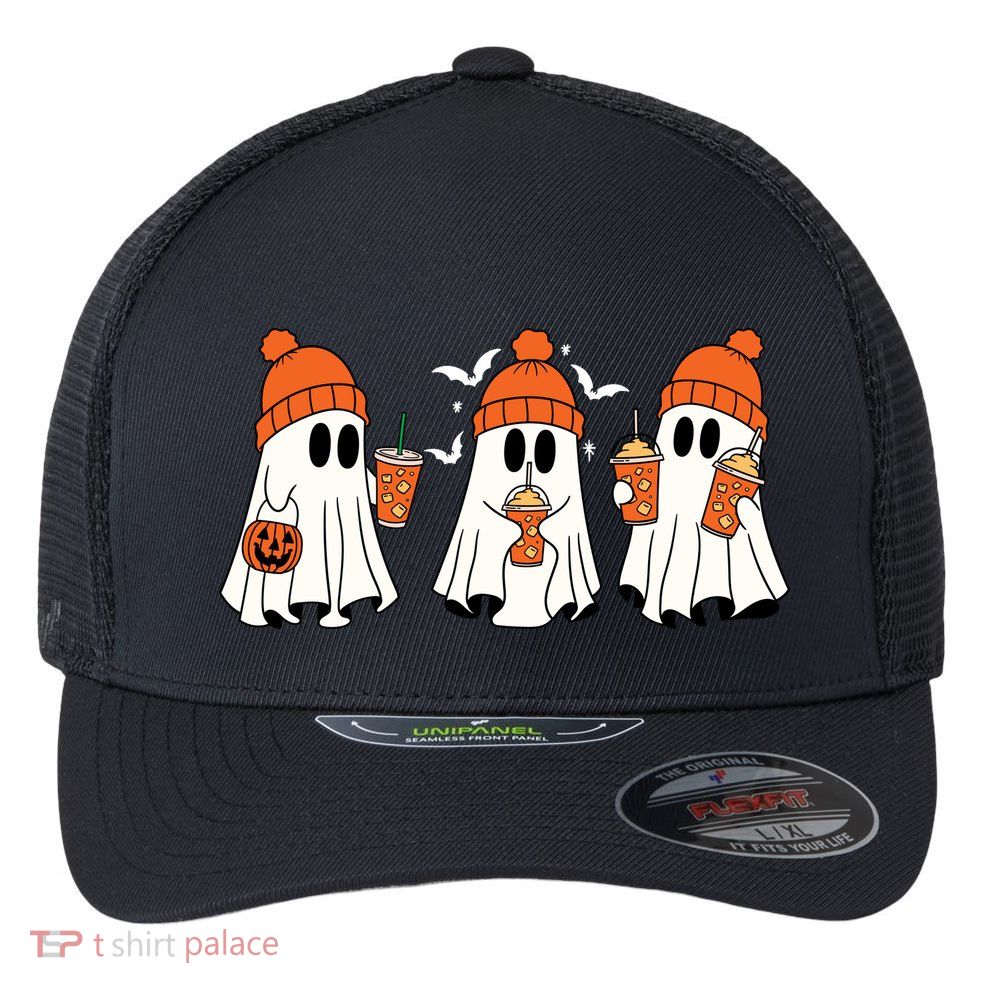 Halloween Coffee Lover Ghost Flexfit Unipanel Trucker Cap