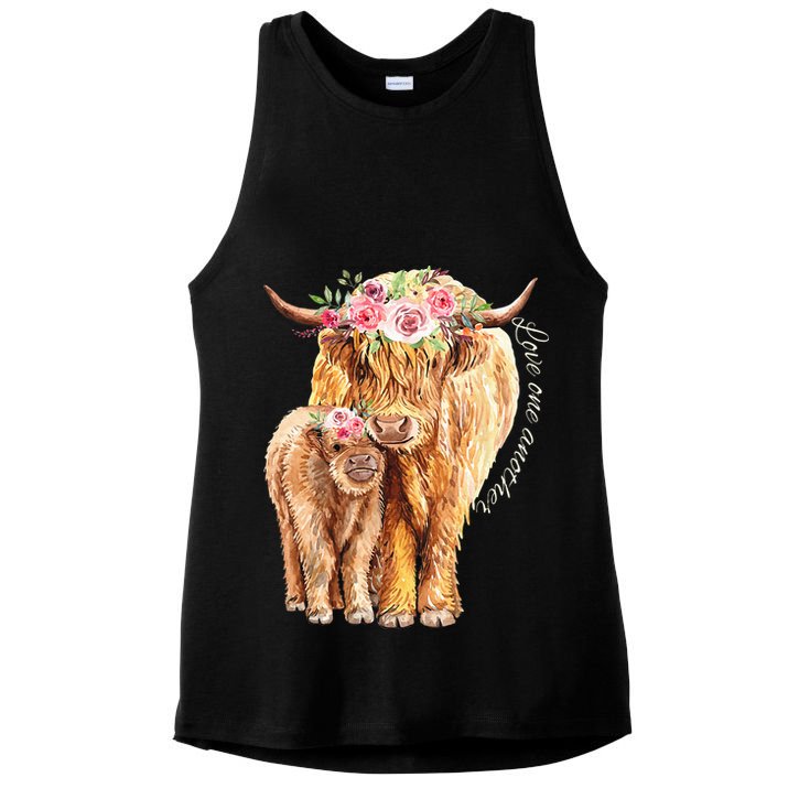 Highland Cattle Lover Cow Calf Farm Love One Another Cute Ladies PosiCharge Tri-Blend Wicking Tank