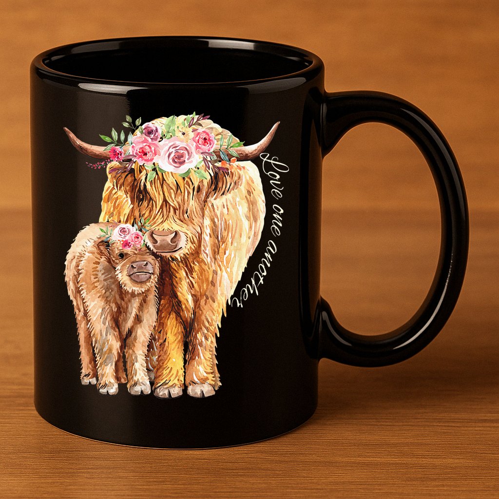 Highland Cattle Lover Cow Calf Farm Love One Another Cute 11oz C Handle Ceramic Mug