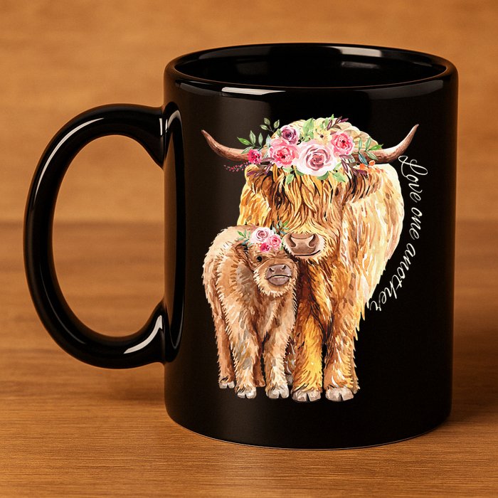 Highland Cattle Lover Cow Calf Farm Love One Another Cute 11oz C Handle Ceramic Mug