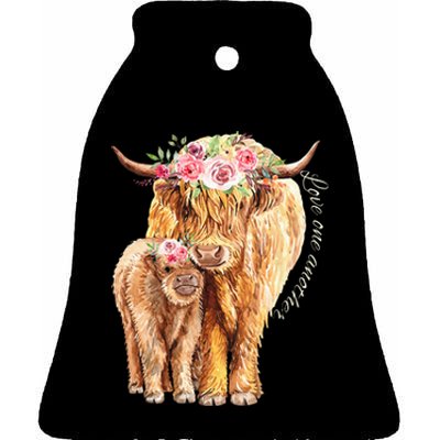 Highland Cattle Lover Cow Calf Farm Love One Another Cute Ceramic Bell Ornament