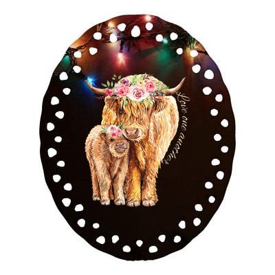 Highland Cattle Lover Cow Calf Farm Love One Another Cute Ceramic Oval Ornament