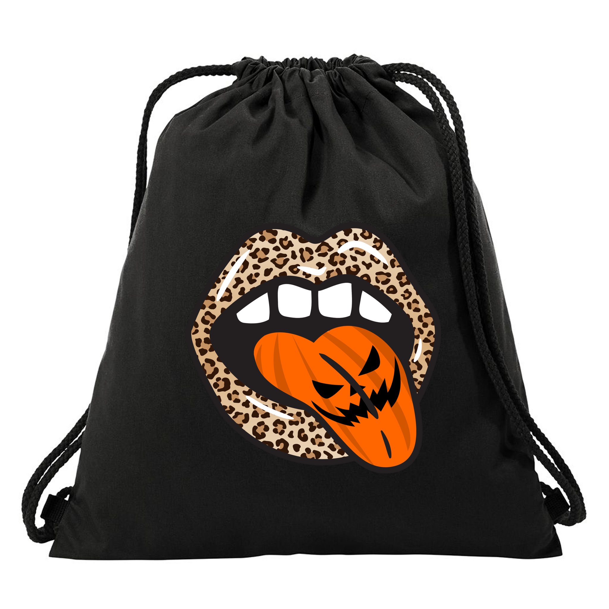Halloween Cheetah Lips Pumpkin Drawstring Bag