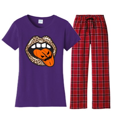 Halloween Cheetah Lips Pumpkin Women's Flannel Pajama Set