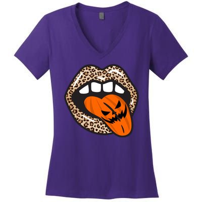 Halloween Cheetah Lips Pumpkin Women's V-Neck T-Shirt