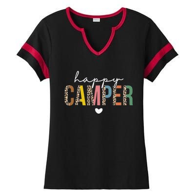 Happy Camper Leopard Camping Lover Outdoor Activities Camper Ladies Halftime Notch Neck Tee