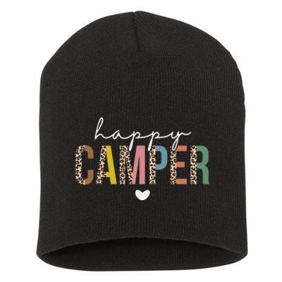 Happy Camper Leopard Camping Lover Outdoor Activities Camper Short Acrylic Beanie