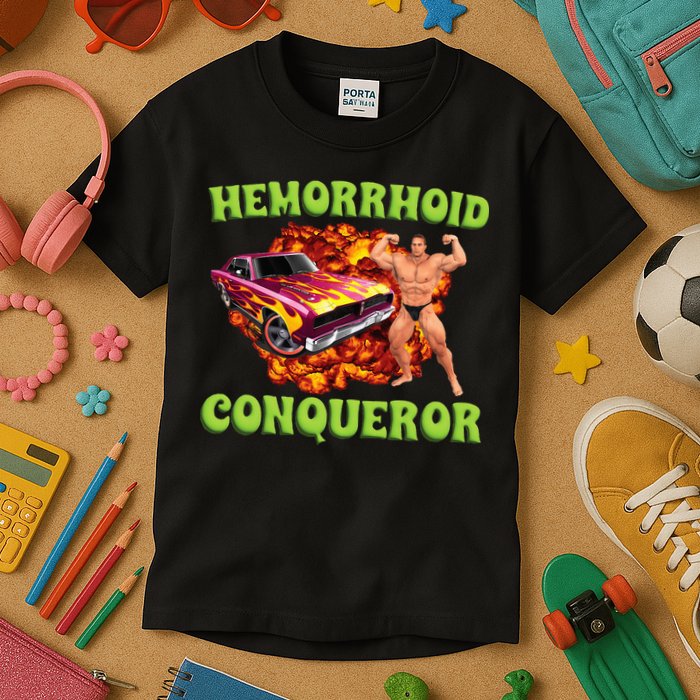 Hemorrhoid Conqueror Meme Weird Offensive Cringe Joke Kids T-Shirt