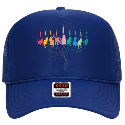 Hanukkah Cat Menorah Meowzel Hanukat Jewish Chanukah High Crown Mesh Back Trucker Hat