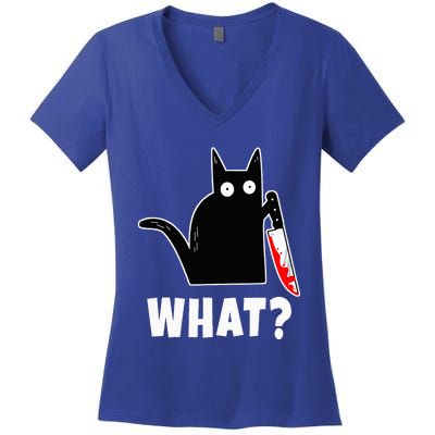 Halloween Costume Murderous Cat Bloody Knife Women's V-Neck T-Shirt