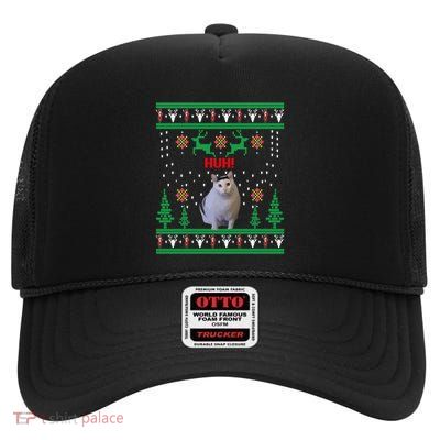 Huh! Cat Meme Popular Internet Meme Cat Day Christmas Gift High Crown Mesh Back Trucker Hat