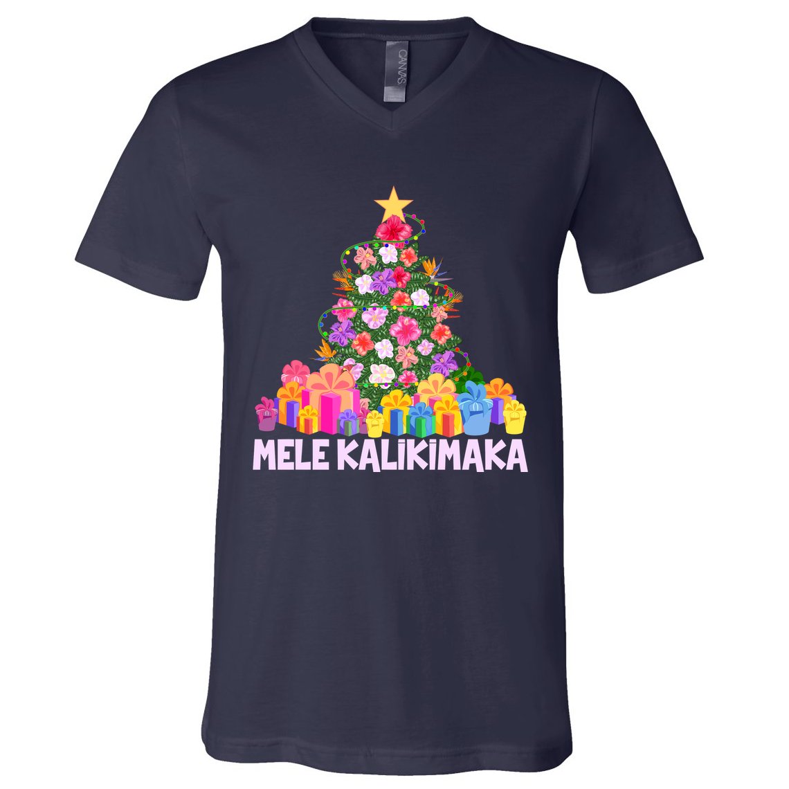 Hawaiian Christmas Mele Kalikimaka Tropical Flower Tree V-Neck T-Shirt